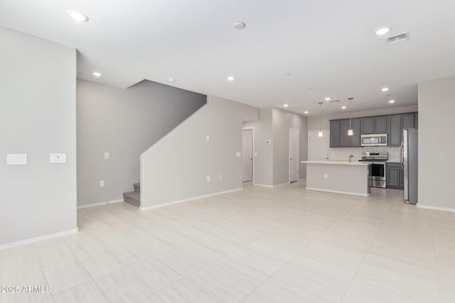 unfurnished living room featuring stairs, baseboards, visible vents, and recessed lighting