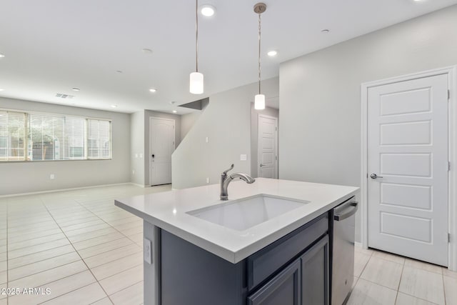 kitchen featuring a sink, open floor plan, light countertops, dishwasher, and decorative light fixtures