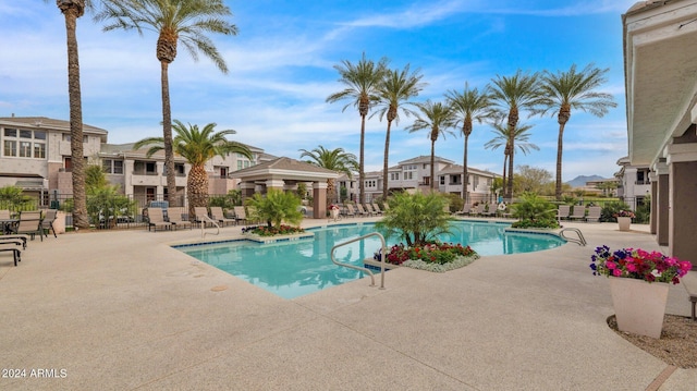 view of swimming pool featuring a patio and a gazebo