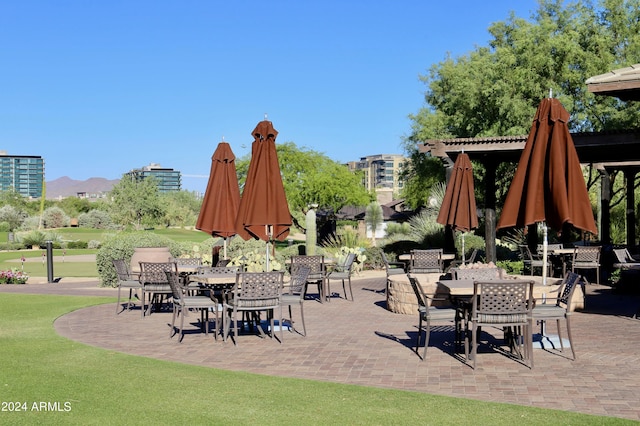 view of patio with a mountain view