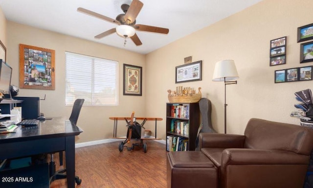 office space with ceiling fan and wood-type flooring