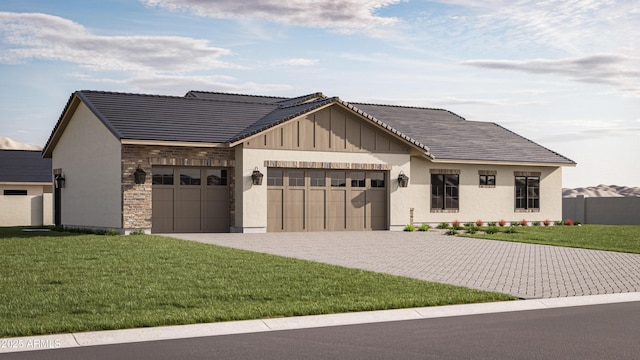 11263 E Crescent Ave, Mesa, AZ 85208 - view of front of home with a garage, decorative driveway, a front lawn, and stone siding