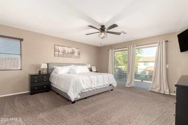 carpeted bedroom with ceiling fan and access to outside