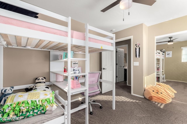 bedroom with ceiling fan and carpet flooring