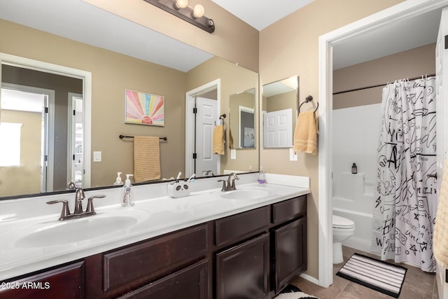 full bathroom with toilet, vanity, tile patterned flooring, and shower / tub combo with curtain