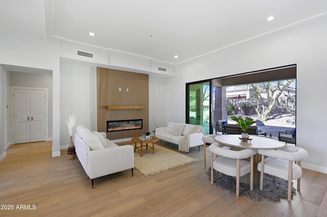 living room with a fireplace and light hardwood / wood-style floors