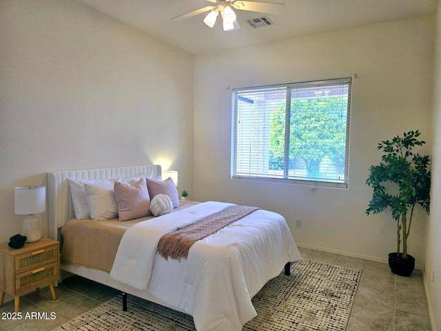 bedroom featuring light tile patterned flooring, visible vents, a ceiling fan, and baseboards
