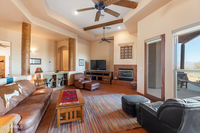 living room with recessed lighting, visible vents, tile patterned flooring, ceiling fan, and a tile fireplace