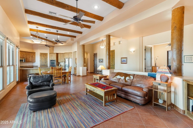 living room featuring visible vents, ceiling fan, tile patterned floors, beam ceiling, and recessed lighting