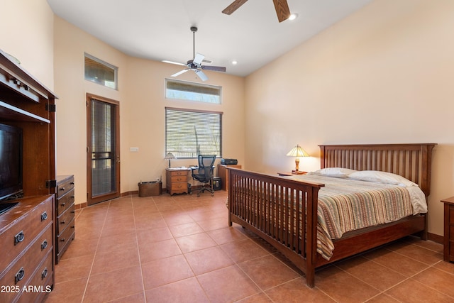 bedroom featuring light tile patterned floors, recessed lighting, visible vents, ceiling fan, and baseboards