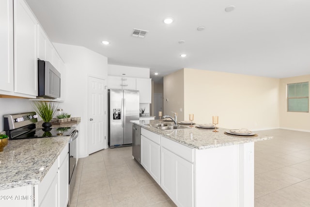 kitchen featuring appliances with stainless steel finishes, an island with sink, white cabinetry, and sink