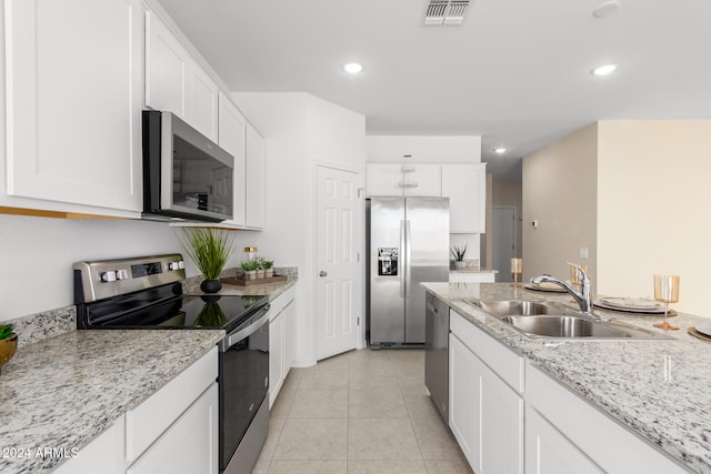 kitchen with white cabinets, light stone counters, sink, and stainless steel appliances