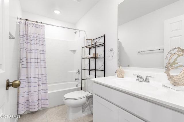 full bathroom with toilet, shower / tub combo, vanity, and tile patterned floors