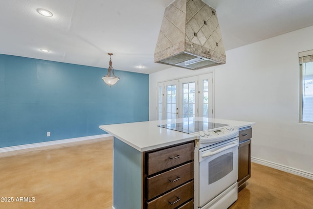 8713 E Sage Dr, Scottsdale, AZ 85250 - kitchen with white range with electric stovetop, baseboards, wall chimney range hood, light countertops, and concrete flooring
