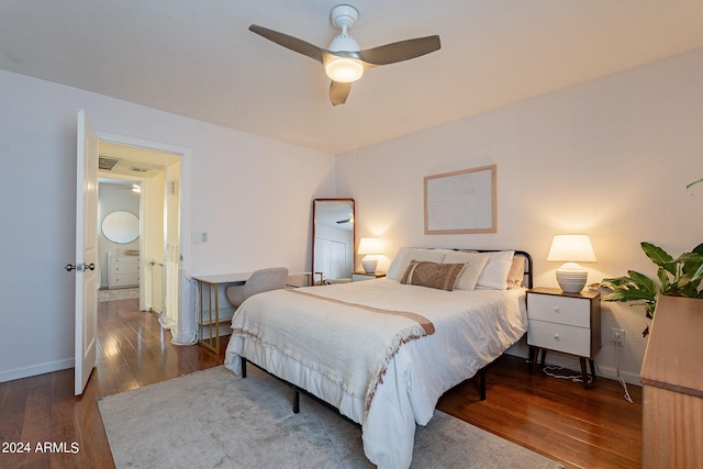 bedroom with ceiling fan and hardwood / wood-style flooring