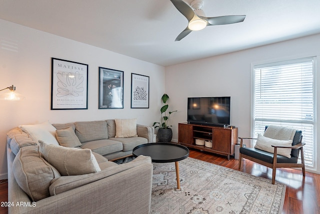 living room featuring ceiling fan and hardwood / wood-style flooring