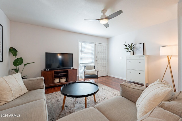 living room with ceiling fan and hardwood / wood-style flooring