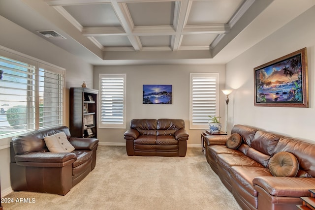 living room featuring carpet, a wealth of natural light, and coffered ceiling