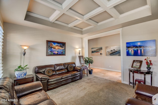 living room with beam ceiling, coffered ceiling, and tile flooring