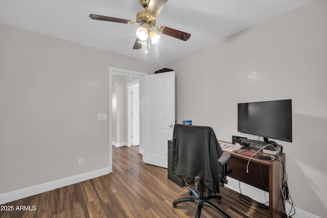 7405 W Elwood St, Phoenix, AZ 85043 - home office featuring baseboards, wood finished floors, and a ceiling fan