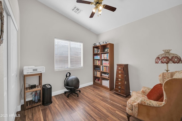 7405 W Elwood St, Phoenix, AZ 85043 - office area featuring wood finished floors, a ceiling fan, lofted ceiling, and baseboards