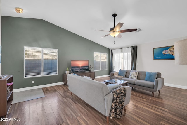 7405 W Elwood St, Phoenix, AZ 85043 - living room with lofted ceiling, ceiling fan, wood finished floors, and baseboards