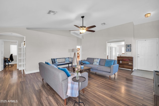 7405 W Elwood St, Phoenix, AZ 85043 - living room with arched walkways, lofted ceiling, dark wood-type flooring, a ceiling fan, and baseboards