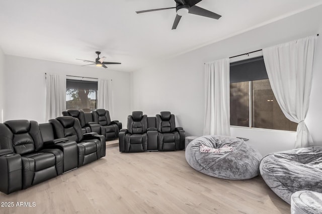 home theater featuring ceiling fan and light hardwood / wood-style flooring