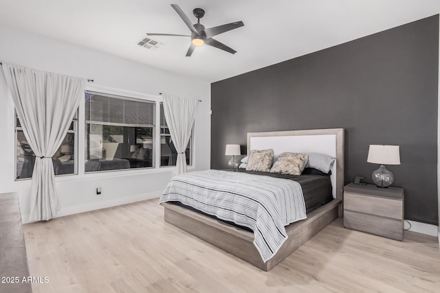 bedroom with ceiling fan and light wood-type flooring