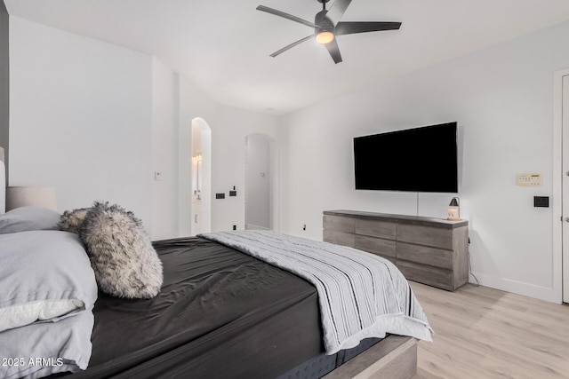 bedroom with ceiling fan and light hardwood / wood-style floors