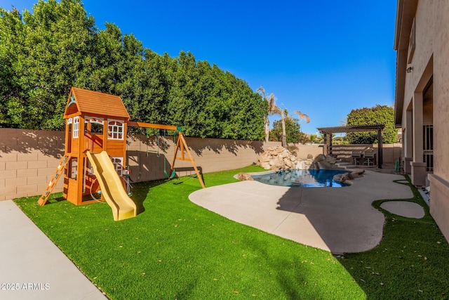 view of play area with a fenced in pool, a lawn, and a patio area