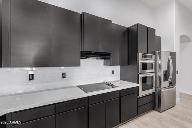 kitchen featuring tasteful backsplash, stainless steel appliances, light stone countertops, and light wood-type flooring