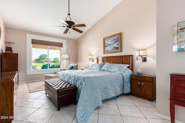 bedroom featuring high vaulted ceiling, ceiling fan, and light tile patterned flooring