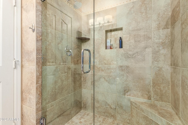 bathroom featuring a shower with shower door