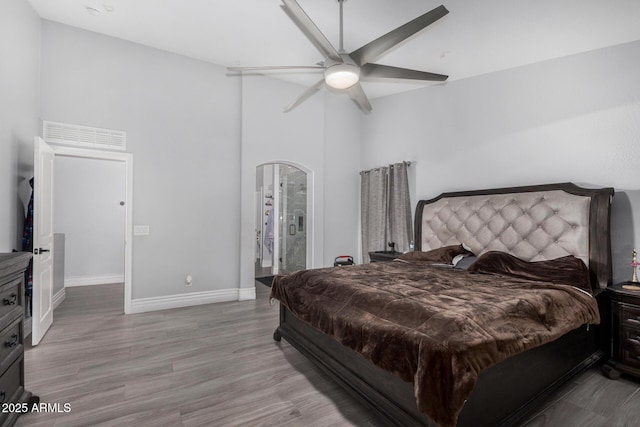 23848 W Grove St, Buckeye, AZ 85326 - bedroom featuring high vaulted ceiling, light wood finished floors, baseboards, and a ceiling fan
