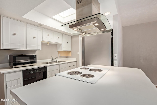 8328 E Chaparral Rd, Scottsdale, AZ 85250 - kitchen featuring island exhaust hood, a sink, dishwashing machine, white cabinets, and light countertops