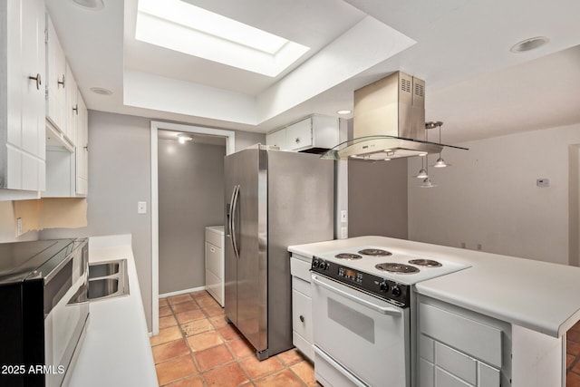 8328 E Chaparral Rd, Scottsdale, AZ 85250 - kitchen featuring white range with electric cooktop, island exhaust hood, white cabinets, and light countertops