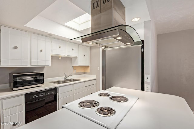 8328 E Chaparral Rd, Scottsdale, AZ 85250 - kitchen with a sink, a skylight, island exhaust hood, white cabinets, and black dishwasher