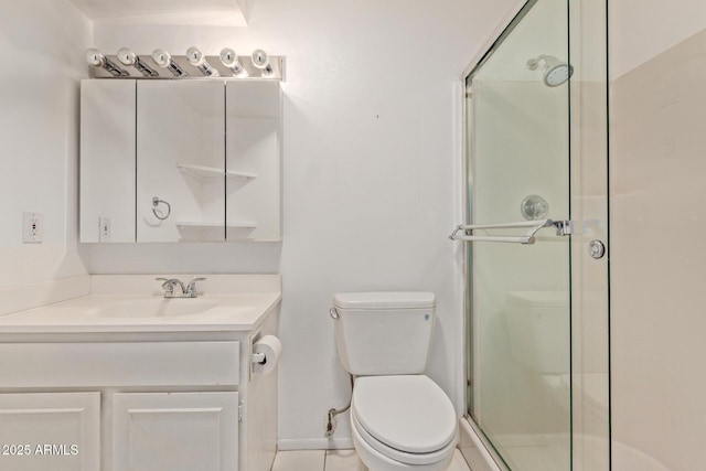 8328 E Chaparral Rd, Scottsdale, AZ 85250 - bathroom featuring a stall shower, toilet, vanity, tile patterned floors, and baseboards