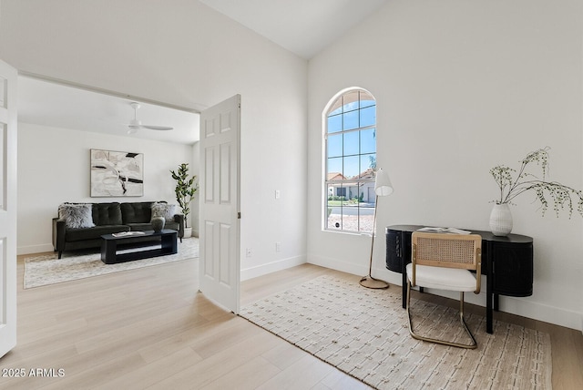 732 W Sagebrush St, Gilbert, AZ 85233 - office space featuring light wood-style floors, a ceiling fan, high vaulted ceiling, and baseboards