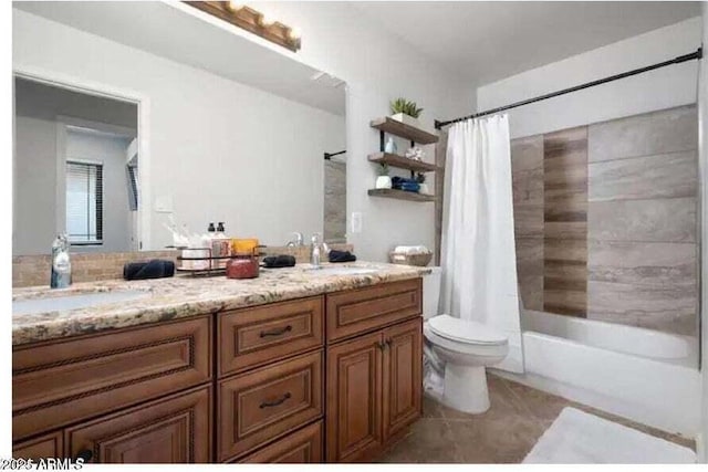 full bathroom featuring tile patterned flooring, shower / bath combination with curtain, toilet, and vanity