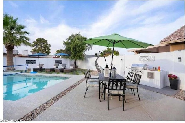 view of swimming pool featuring a grill, a patio area, and area for grilling