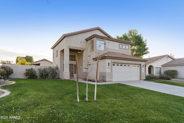 view of property with a garage and a front yard