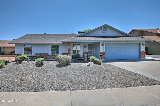 927 N Somerset Cir, Mesa, AZ 85205 - ranch-style home featuring brick siding, an attached garage, concrete driveway, stucco siding, and a shingled roof