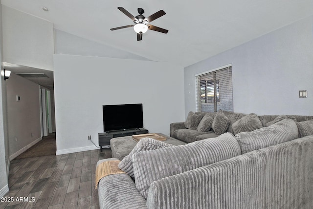 927 N Somerset Cir, Mesa, AZ 85205 - living room with wood finish floors, vaulted ceiling, and a ceiling fan