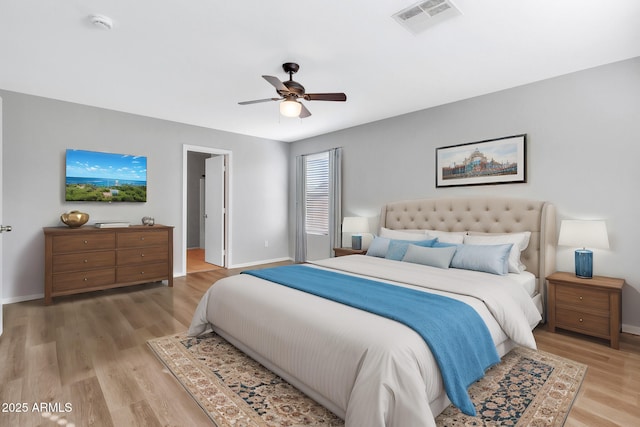 bedroom featuring ceiling fan and light wood-type flooring