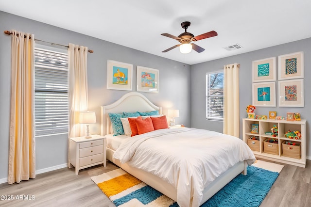 bedroom featuring ceiling fan and light hardwood / wood-style flooring