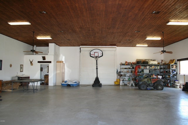garage with ceiling fan and wood ceiling