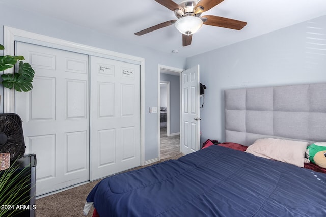 bedroom featuring a closet, carpet, and ceiling fan