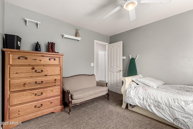 bedroom with light colored carpet and ceiling fan